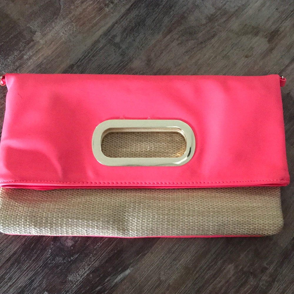 Hot pink and tan clutch